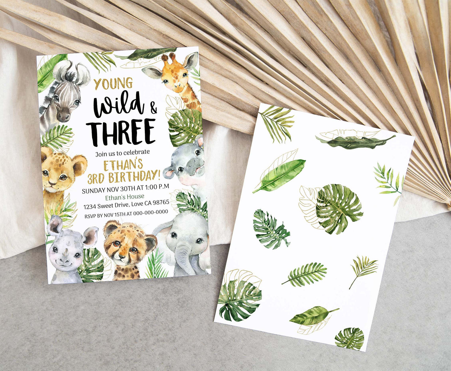 Wild and Three Safari Invitation | Editable Jungle 3rd Birthday Invite - 35A