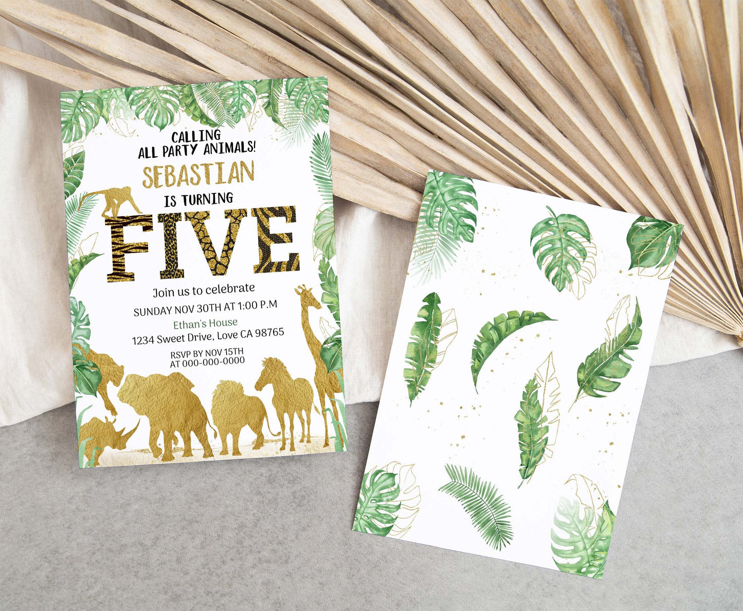 Gold Safari Animals 5th Birthday Invitation | Editable Five Birthday Invite - 35K