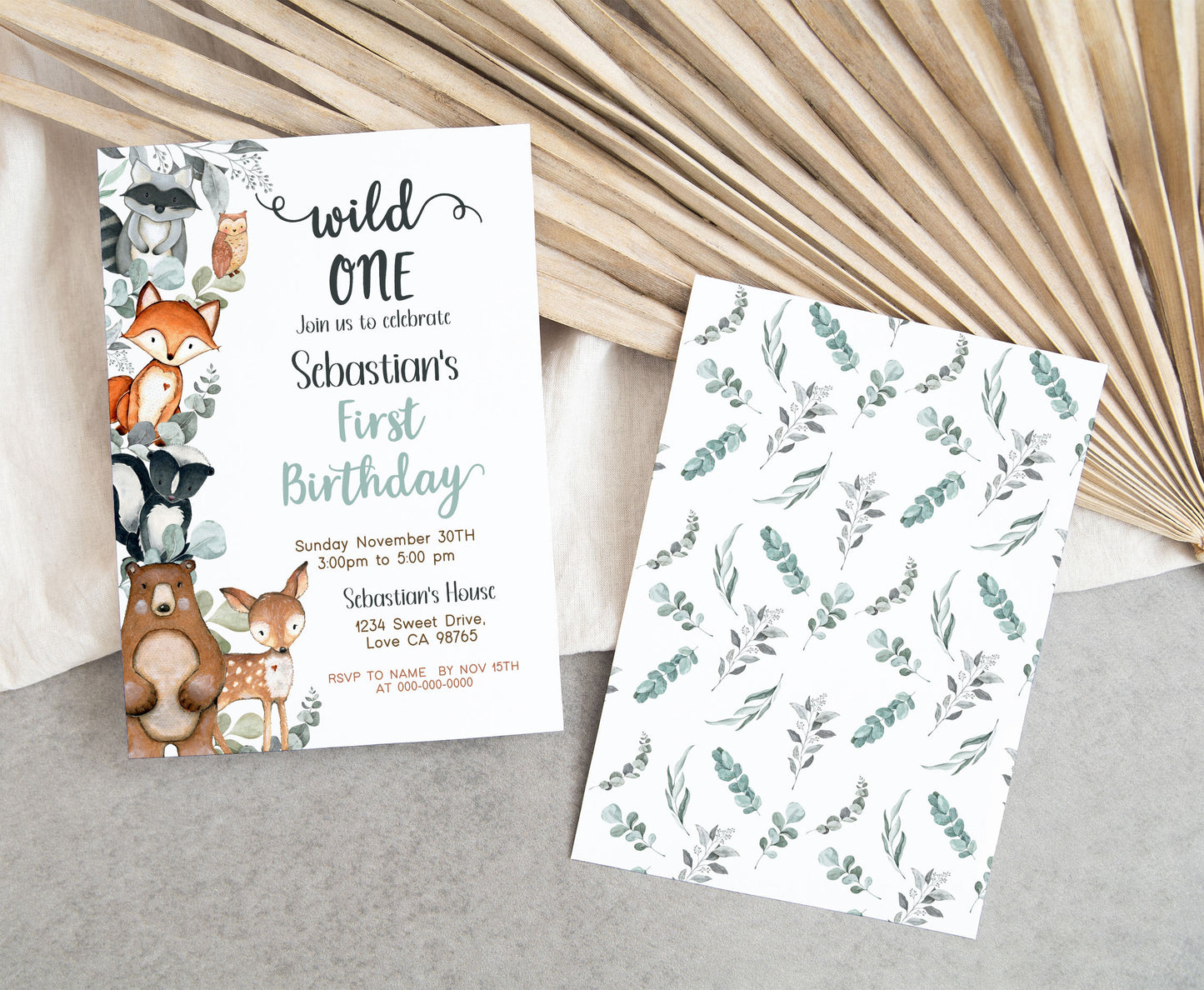 EuEucalyptus Woodland Birthday Invitation | Editable Greenery Woodland Birthday Party - 47J1