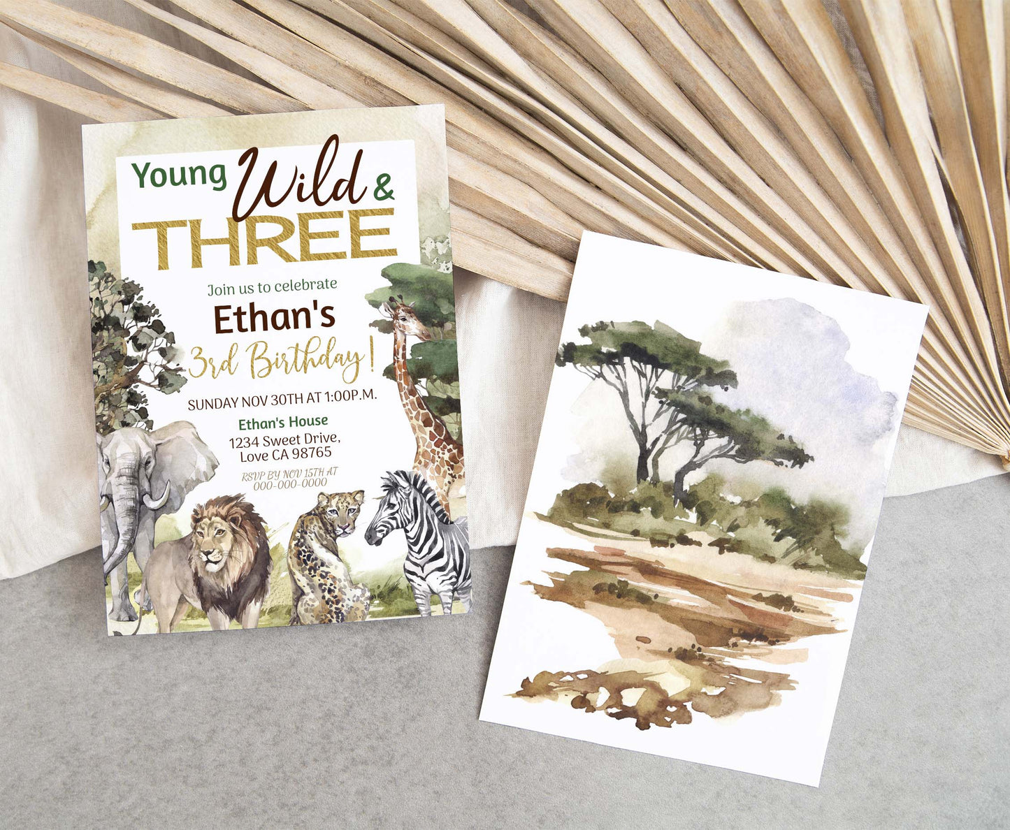 Young wild and three Birthday Invitation | Safari 3rd birthday Party Invite - 35I