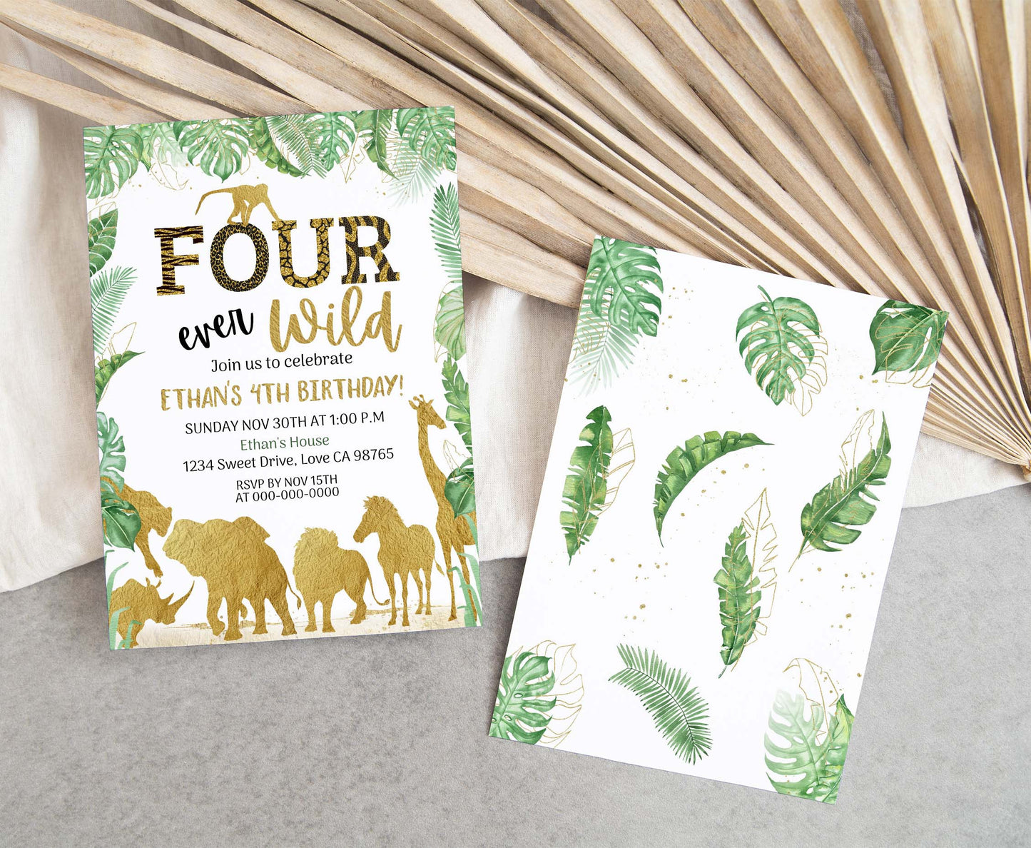 Four Ever Wild Birthday Invitation | Editable safari 4th Birthday Invite - 35K