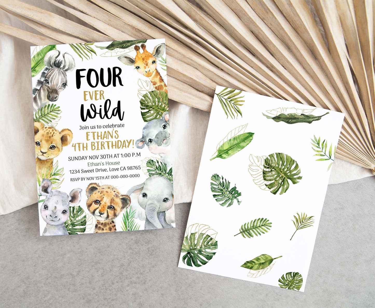 Four Ever Wild Safari Invitation | Editable Jungle 4th Birthday Invite - 35A