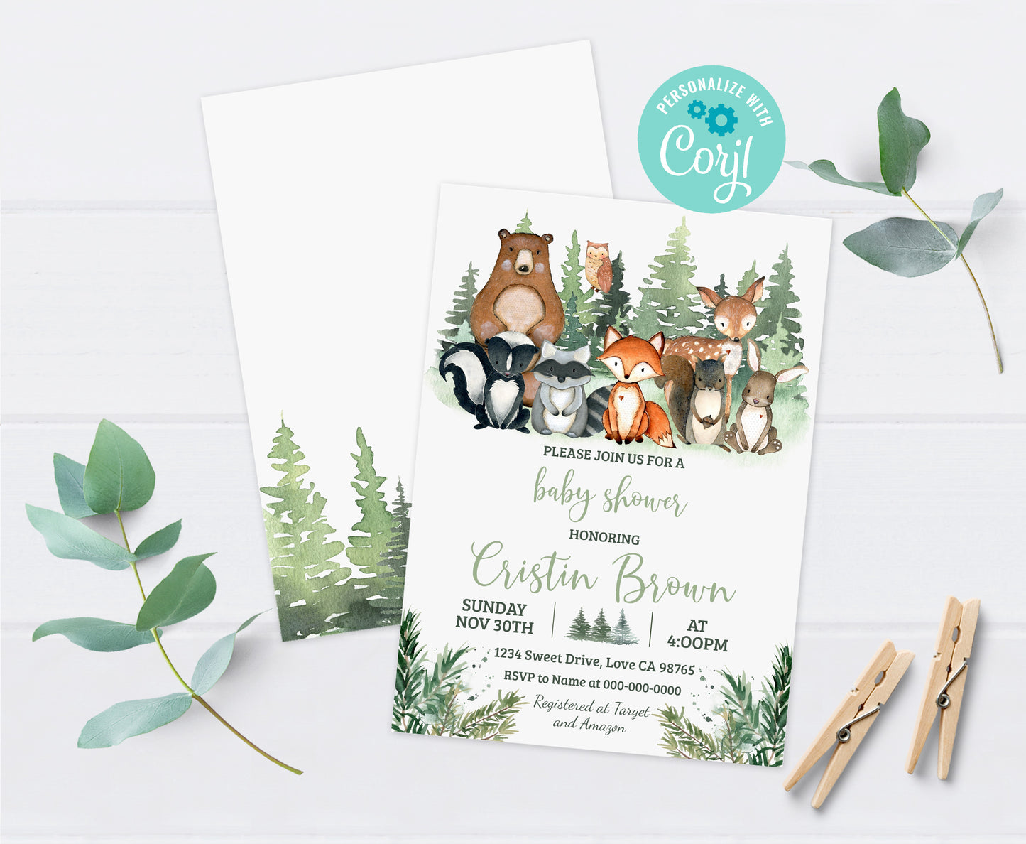 Forest Baby Shower Invitation | Editable Woodland Animals Baby Shower Invite - 47J2