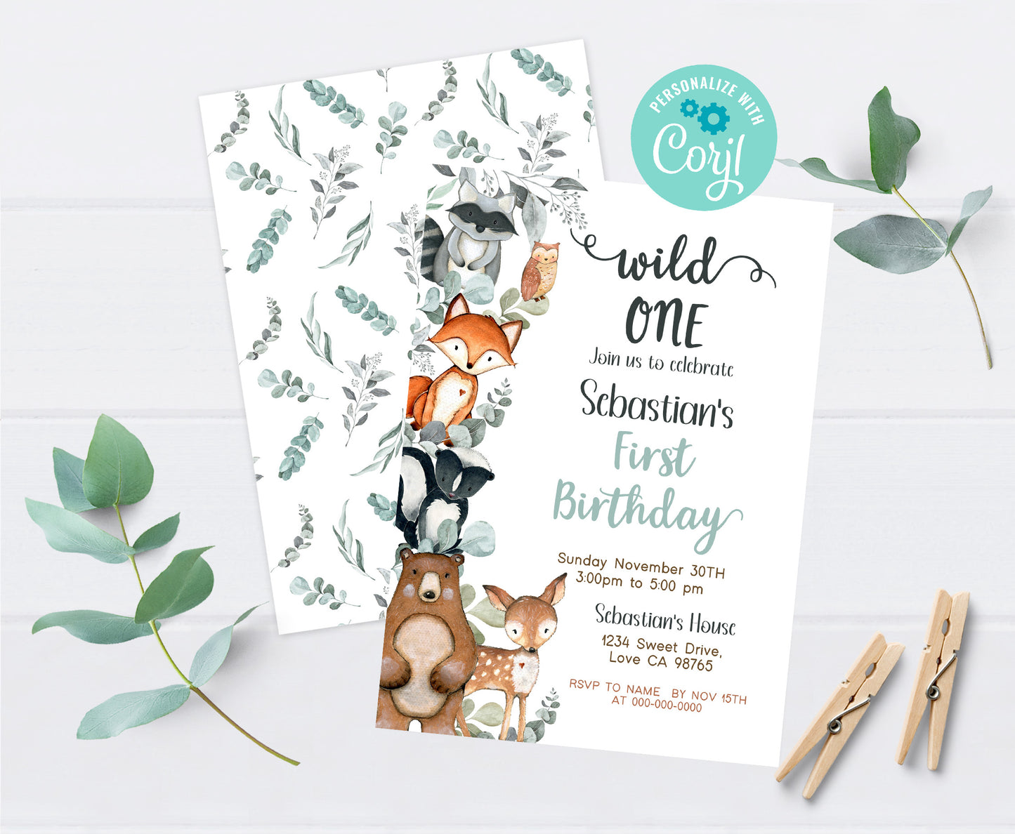 EuEucalyptus Woodland Birthday Invitation | Editable Greenery Woodland Birthday Party - 47J1