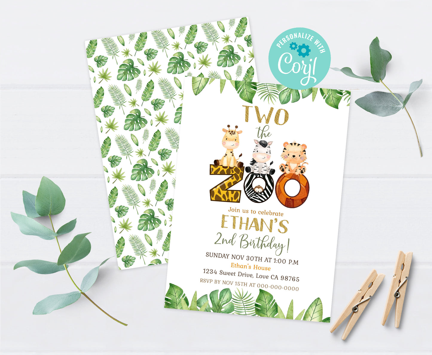 TWO the Zoo Party Invitation | Safari Animals 2nd birthday Invite - 35E