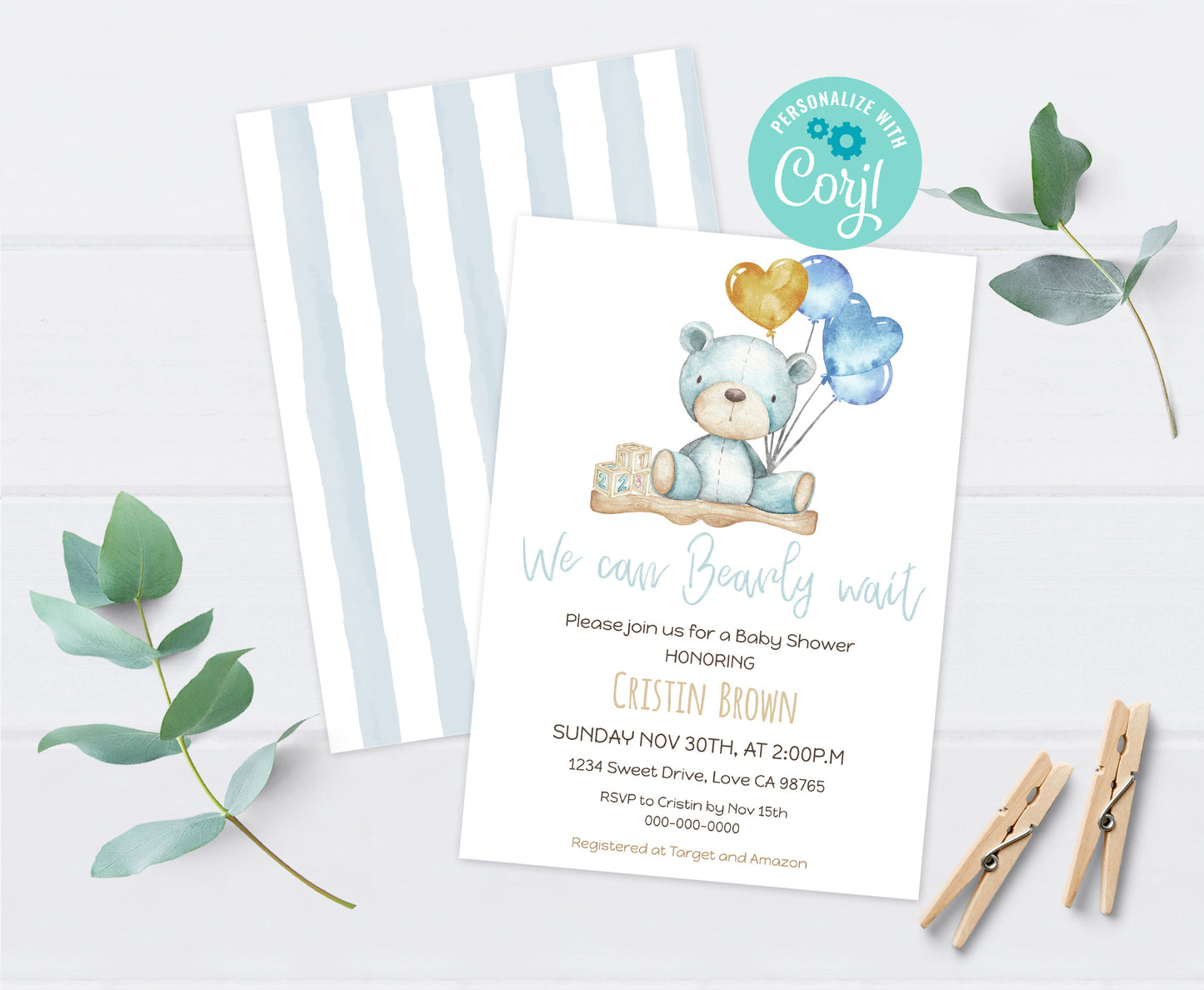 Teddy bear baby shower invitation blue | Editable boy baby shower invite - 76A