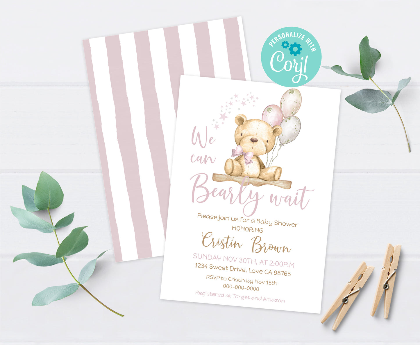 Pink Teddy Bear baby shower invitation | Editable Girl Baby Shower Invite - 76A