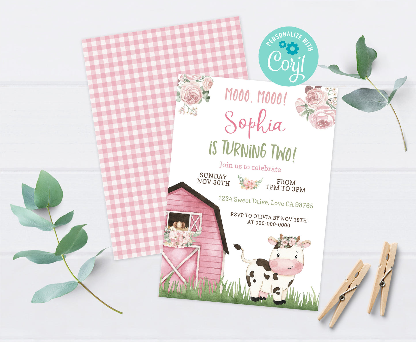 Cow Girl Birthday Invitation | Editable Floral Farm Party Invite - 11A