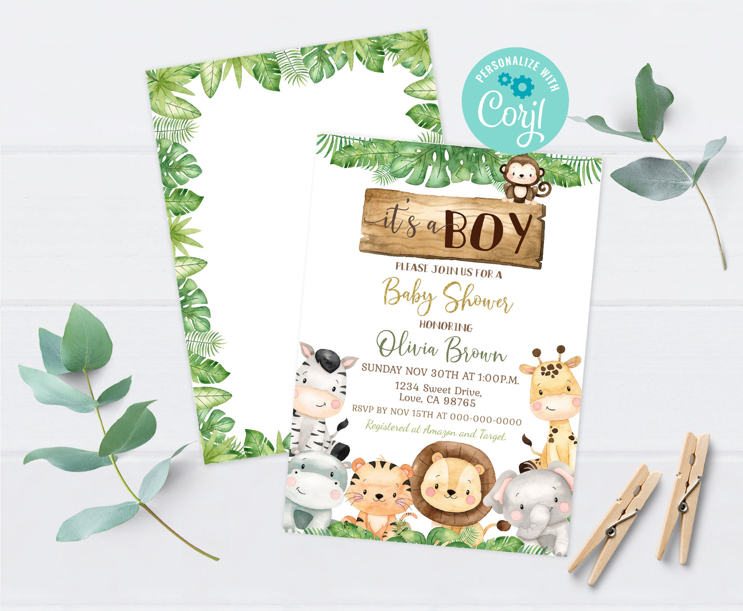 Safari Baby Shower Invitation | Editable It's a Boy Baby Shower Invite - 35E