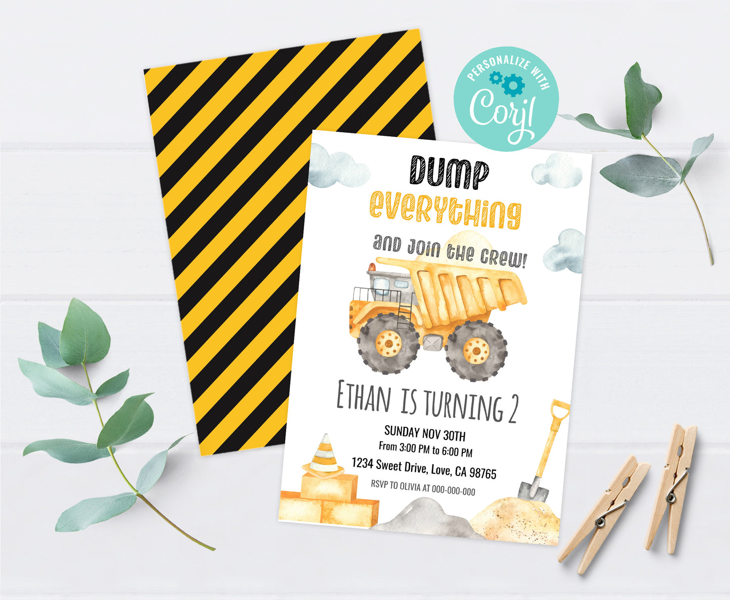 Dump Truck Birthday Invitation | Editable Construction Party Invite - 07A