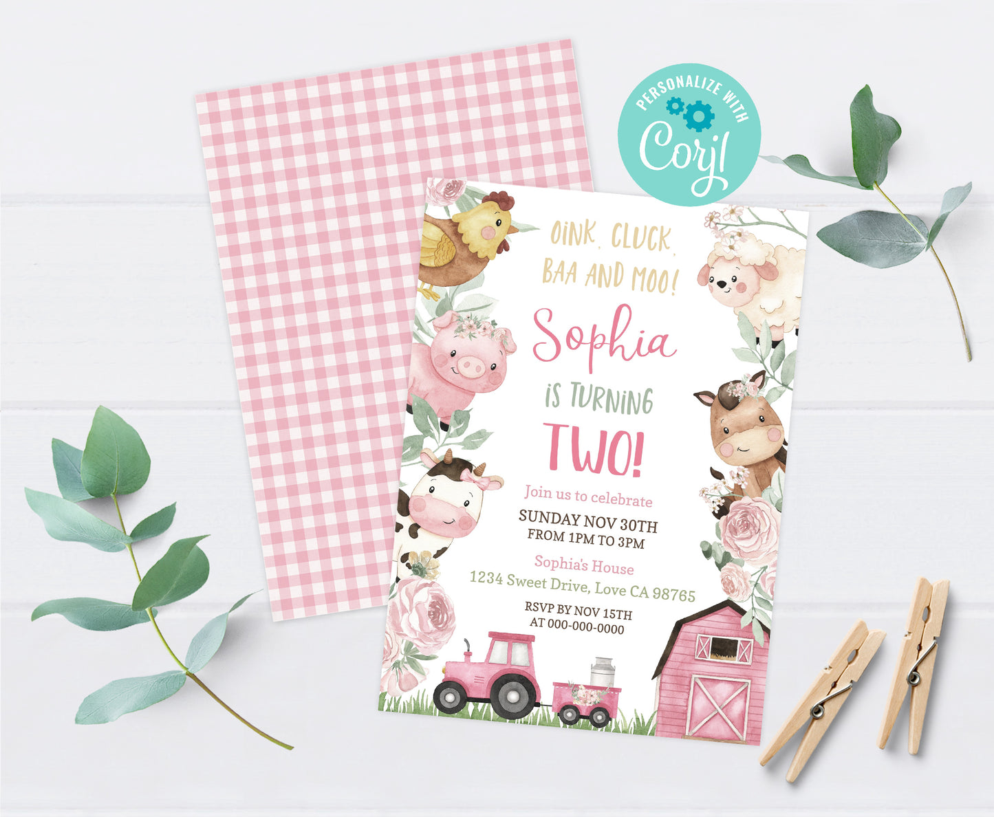 Floral Farm Animals Party Invitation | Girl Barnyard Birthday Invite - 11A