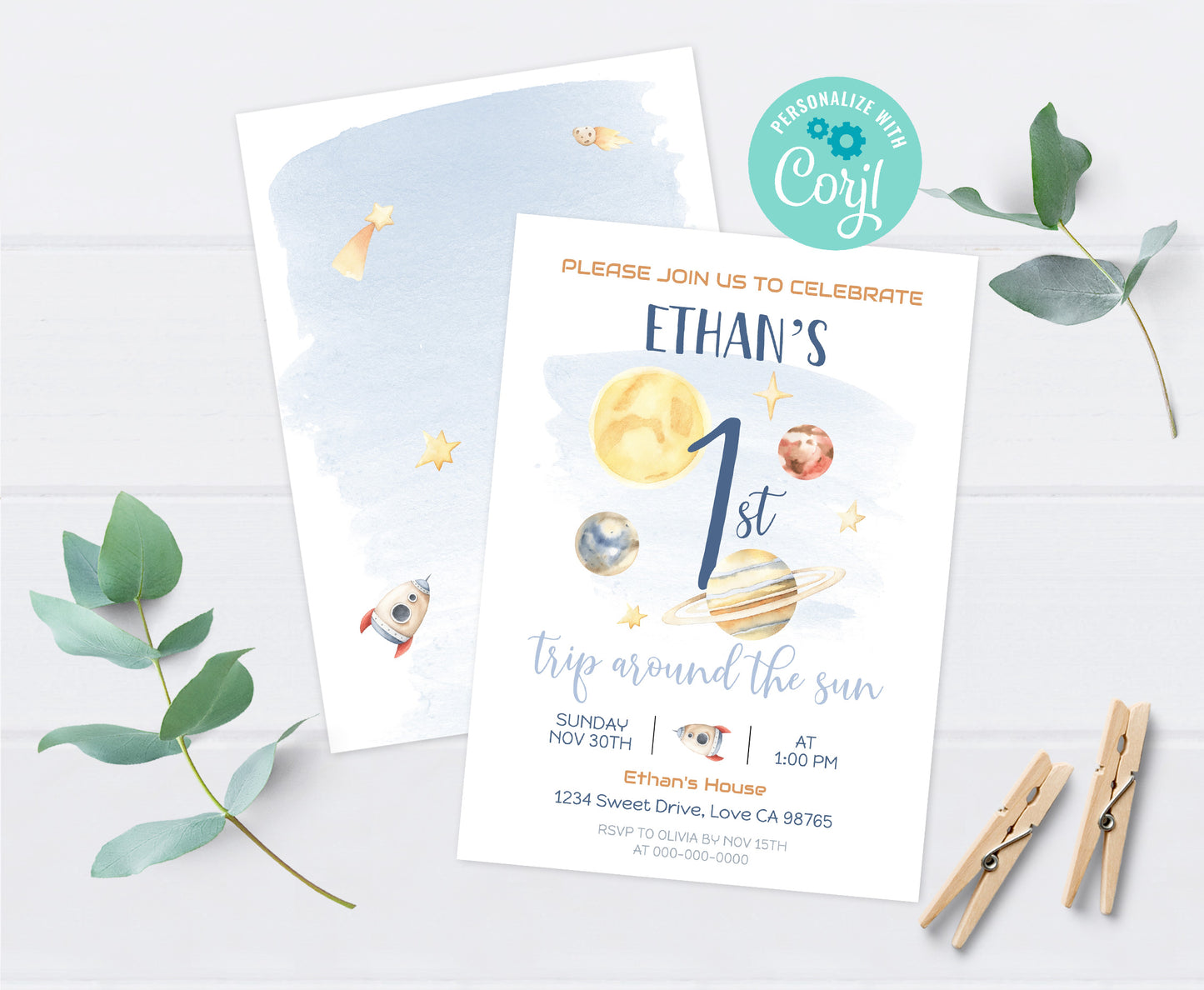 Space 1st Birthday Invitation | Astronaut Birthday Party Invite - 39B