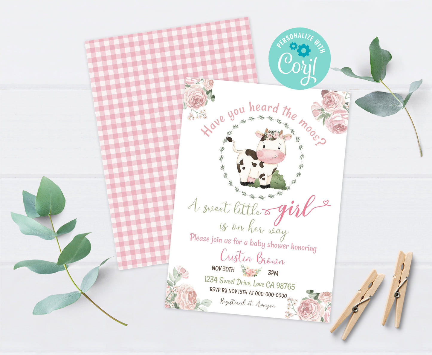 Floral Cow Baby Shower Invitation | Farm Girl Shower Invite - 11A