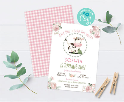Girl Cow First Birthday Invitation | Editable Floral Farm Party Invite - 11A