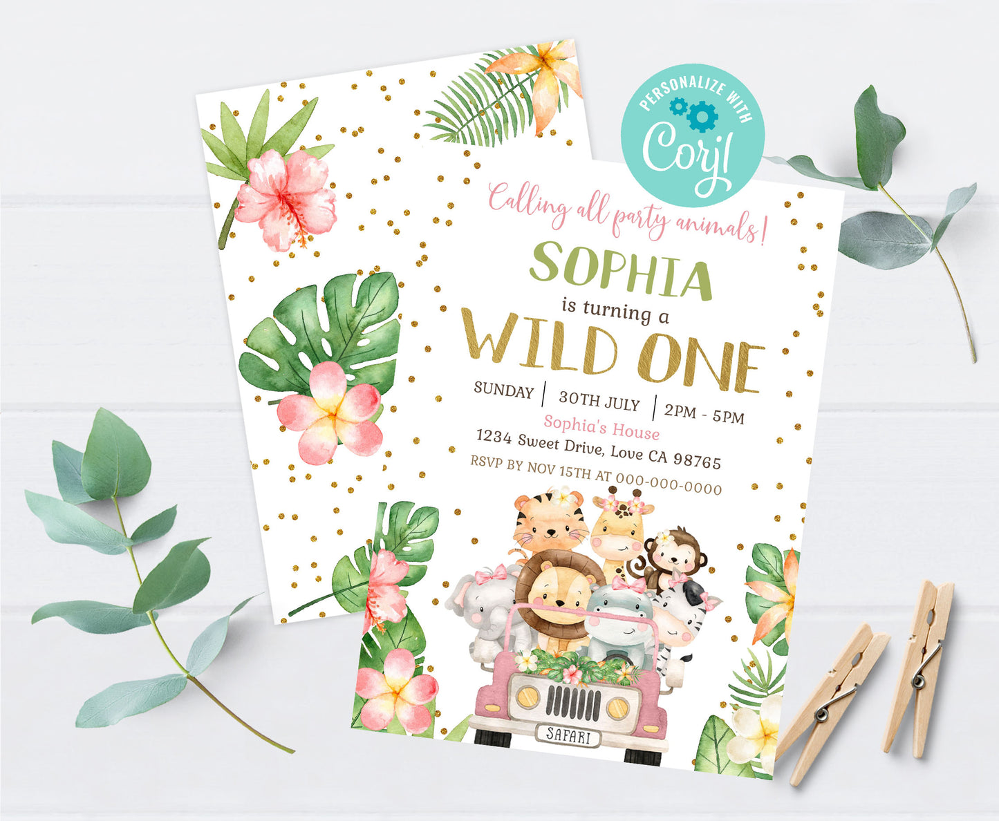 Wild One, Girl Safari Party Animals Invitation | Editable Floral Jungle Birthday Invite - 35E