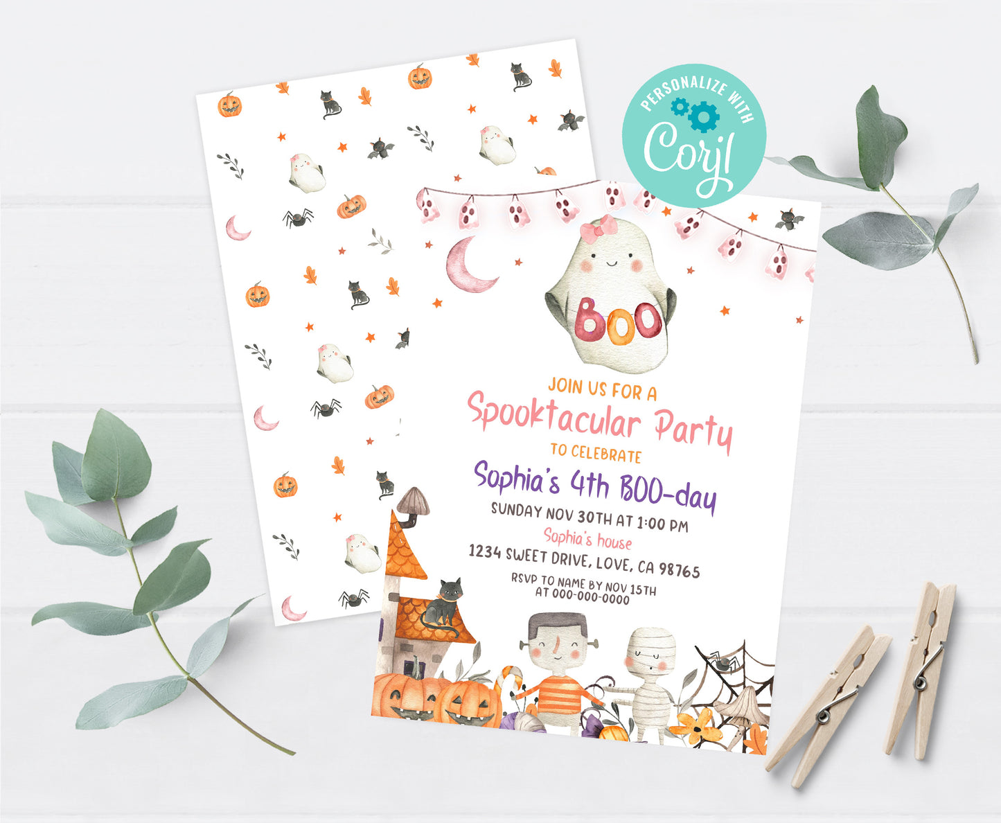 Girl Ghost Birthday Invitation | Editable Halloween Party Invite - 115L