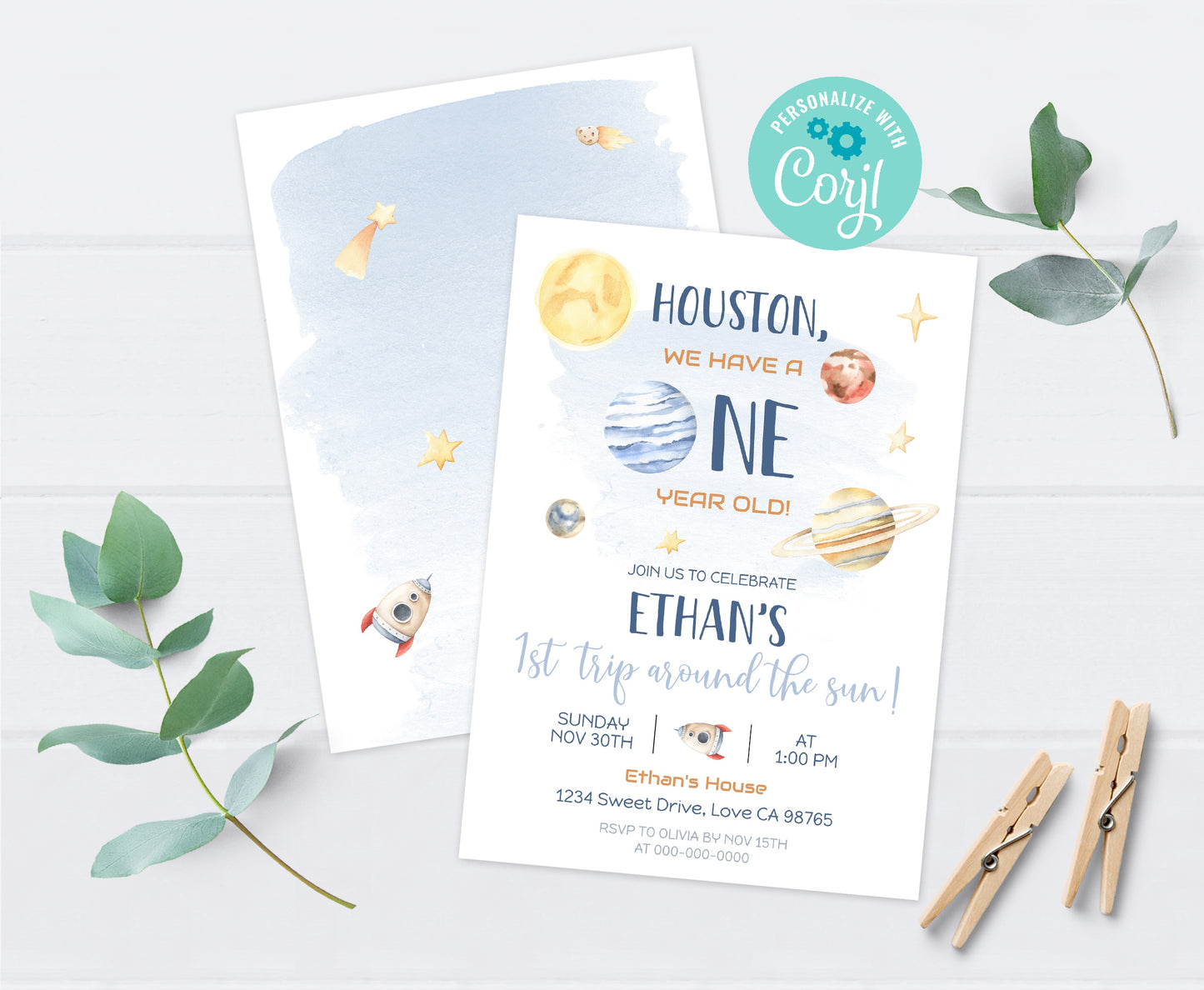 Houston Space 1st Birthday Invitation | 1st trip around the sun Invite - 39B