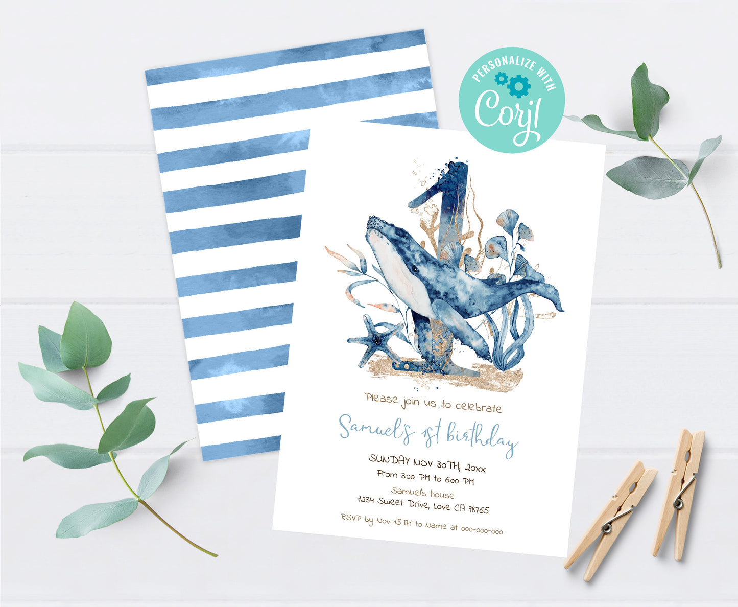 Whale first birthday Invitation | Editable Under the sea Invite - 44C