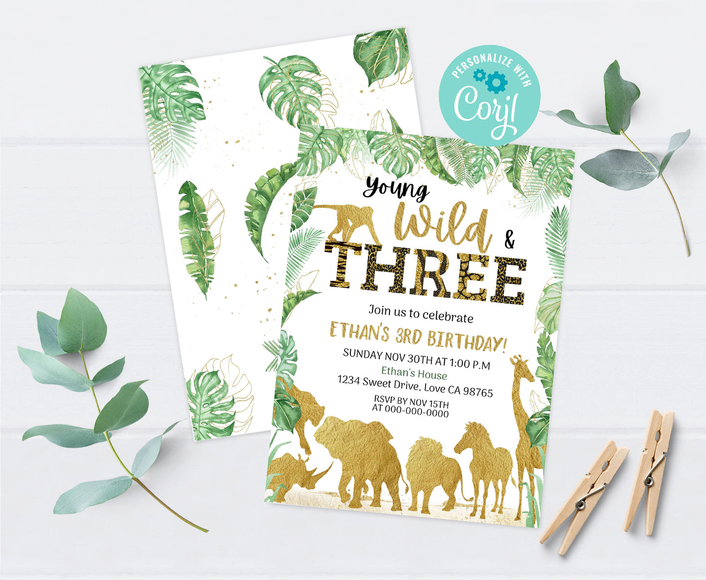 Young wild and three Birthday Invitation | Editable Safari 3rd Birthday invitation - 35K