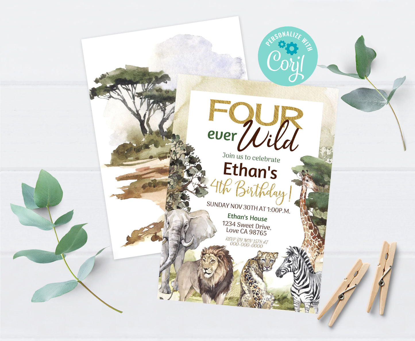 Four ever wild Birthday Invitation | Safari 4th birthday Party Invite - 35I