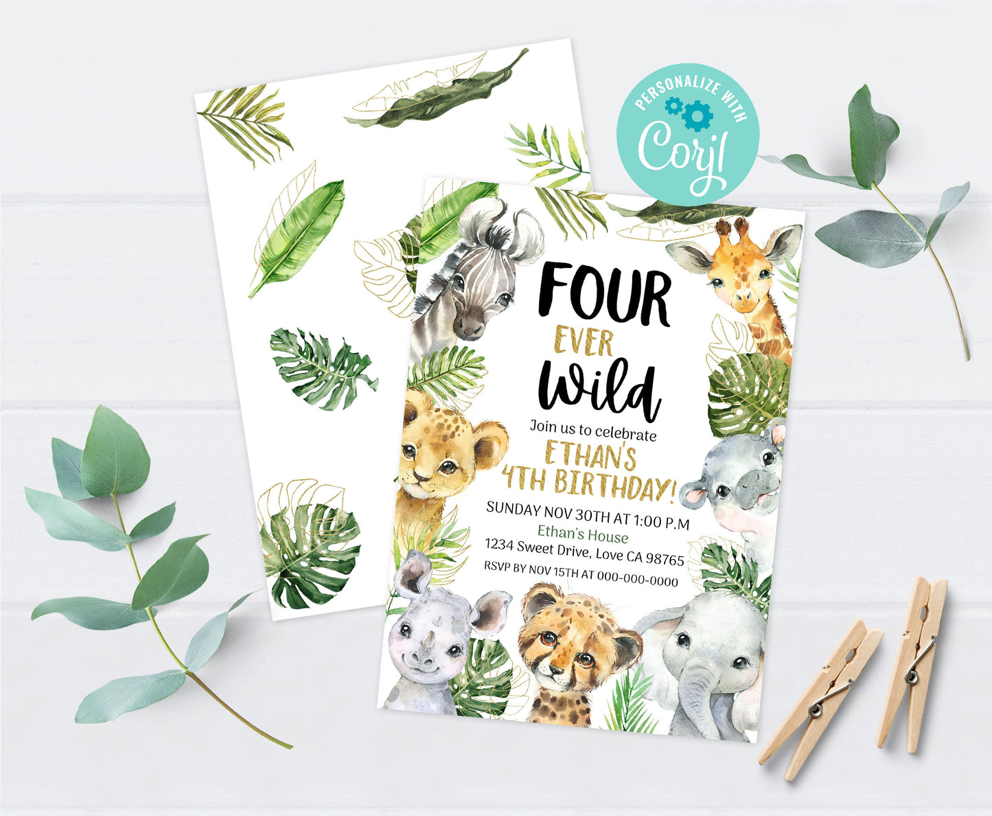 Four Ever Wild Safari Invitation | Editable Jungle 4th Birthday Invite - 35A