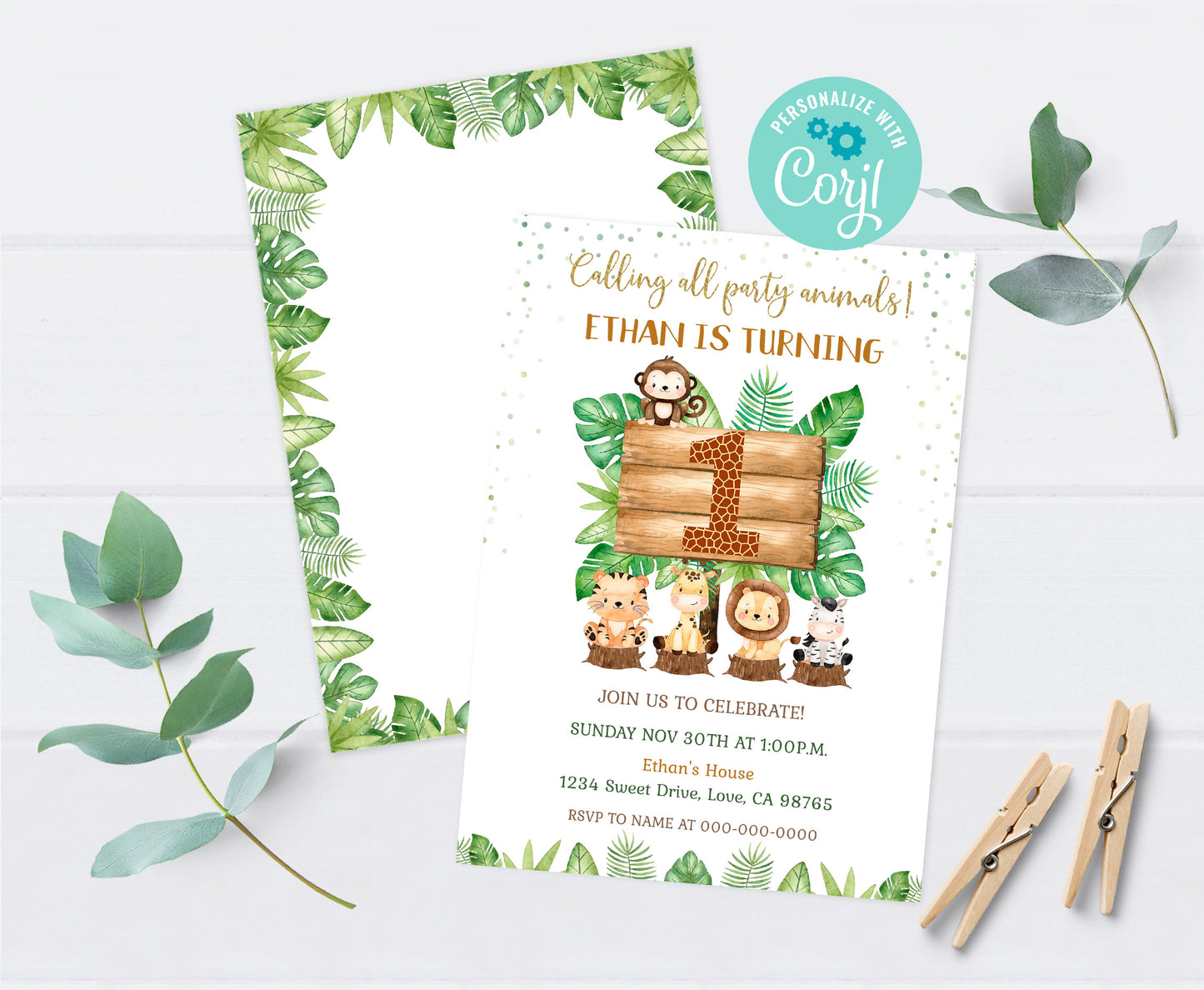 Safari 1st Birthday Invitation | Editable Jungle Theme Party Invited - 35E