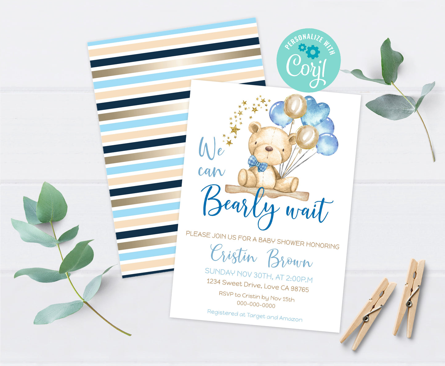 Gold and Blue Teddy Bear Baby Shower Invitation - 76A