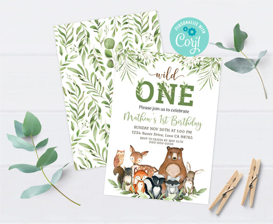 Wild One Birthday Invitation | Editable Woodland First Birthday Party Invite - 47J0