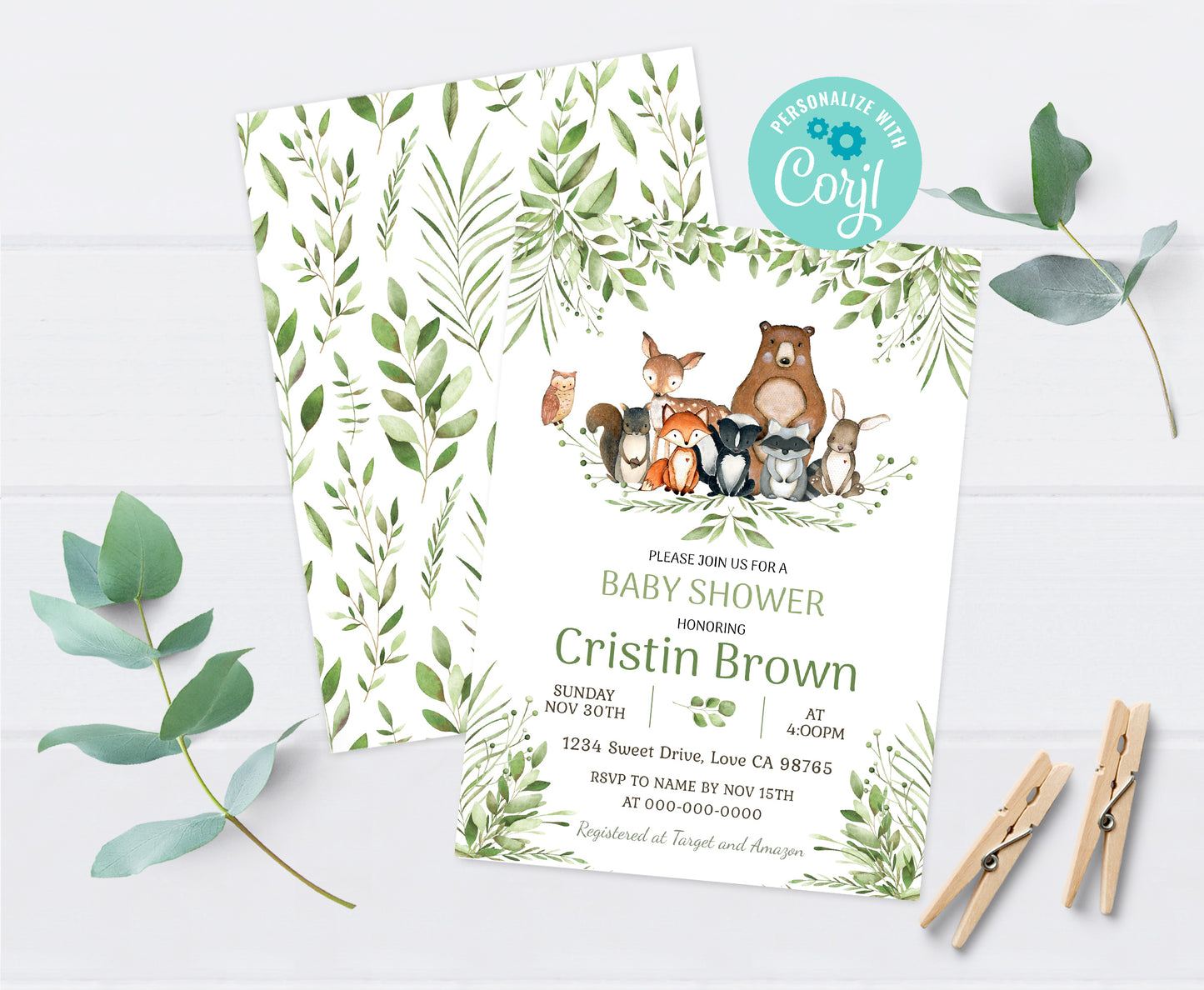 Woodland Baby Shower Invitation | Editable Forest Animals Baby Shower Invite - 47J0