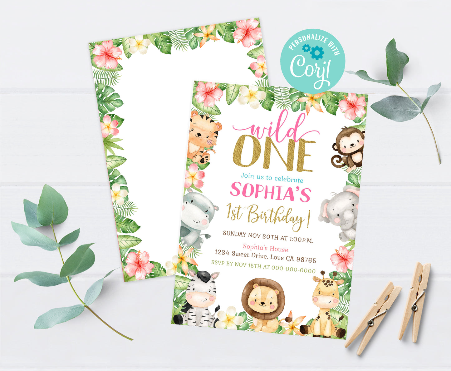 Girl Safari Birthday Invitation | Editable Floral Jungle Animals Party Invite - 35E