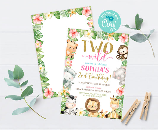 Girl Safari TWO Wild Invitation | Floral Jungle Animals Birthday Party Invite - 35E