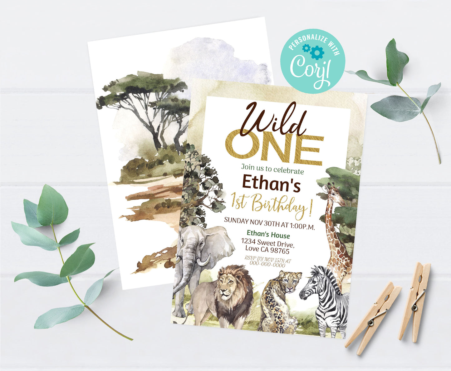 Wild One Birthday Invitation | Safari 1st birthday Party Invite - 35I