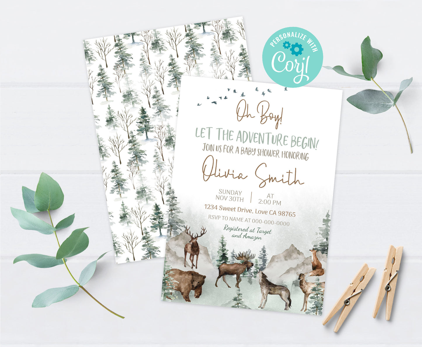 Let The Adventure Begin Invitation | Editable Woodland Animals Baby shower Invite - 47H