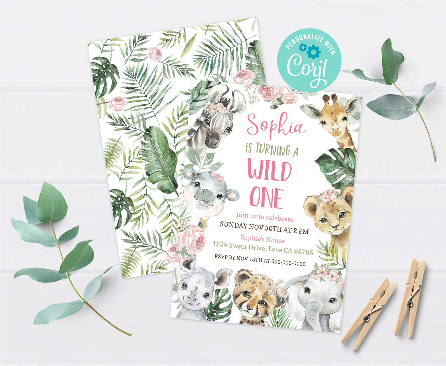 Floral Safari Animals Birthday Invitation | Editable Girl Jungle Party Invite - 35A