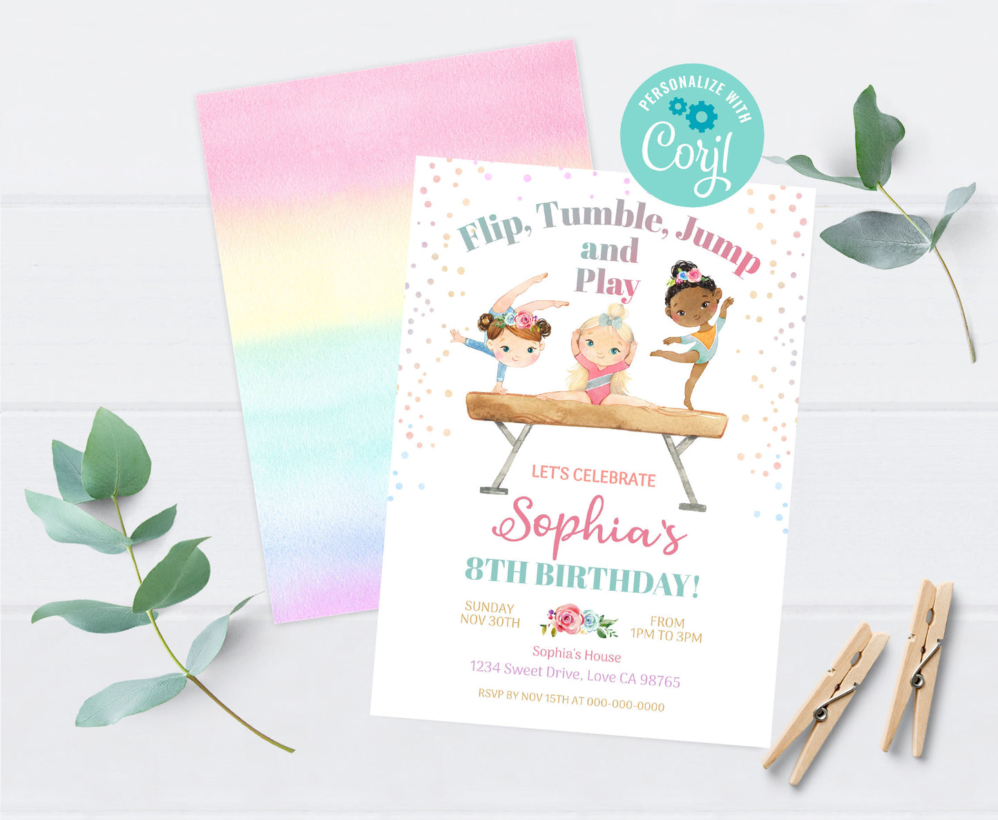 Floral Gymnastic Birthday Invitation Girl | Gymnastic Party Invite - 99A