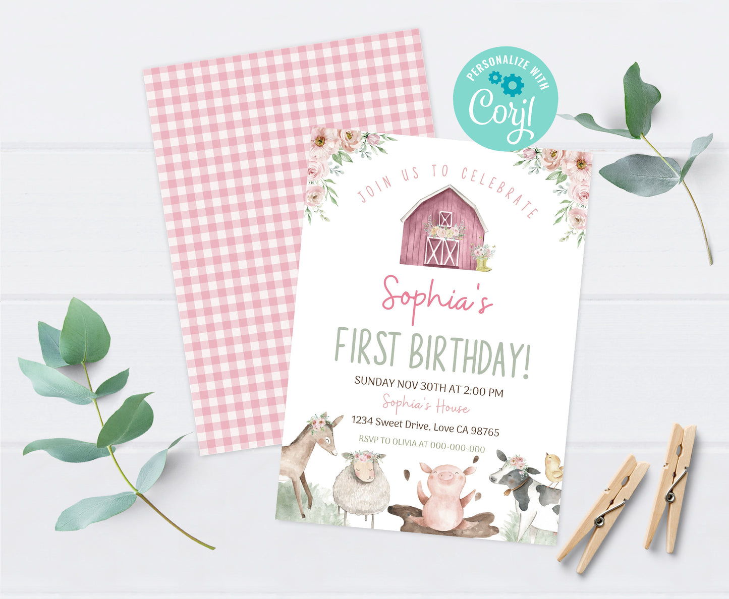 Pink Farm Animals Birthday Invitation | Girl Barnyard Party Invite - 11B