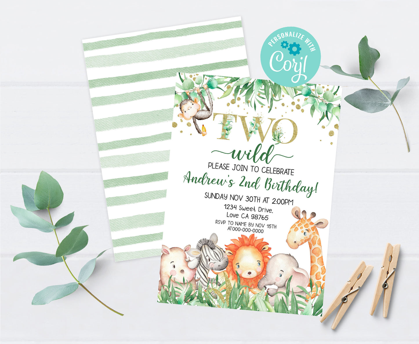 Two Wild safari Birthday Invitation | Editable Jungle Animals Party Invite - 35J