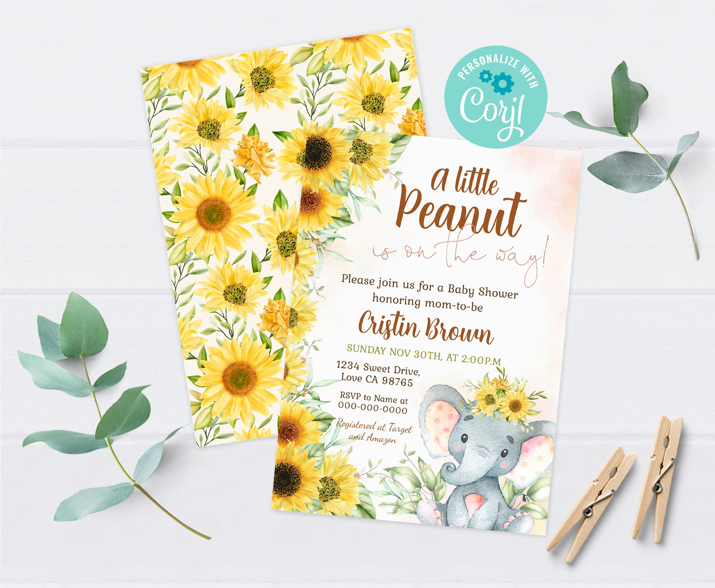 Sunflower Elephant Baby Shower Invitation | Floral Girl Baby Shower Invite - 63B