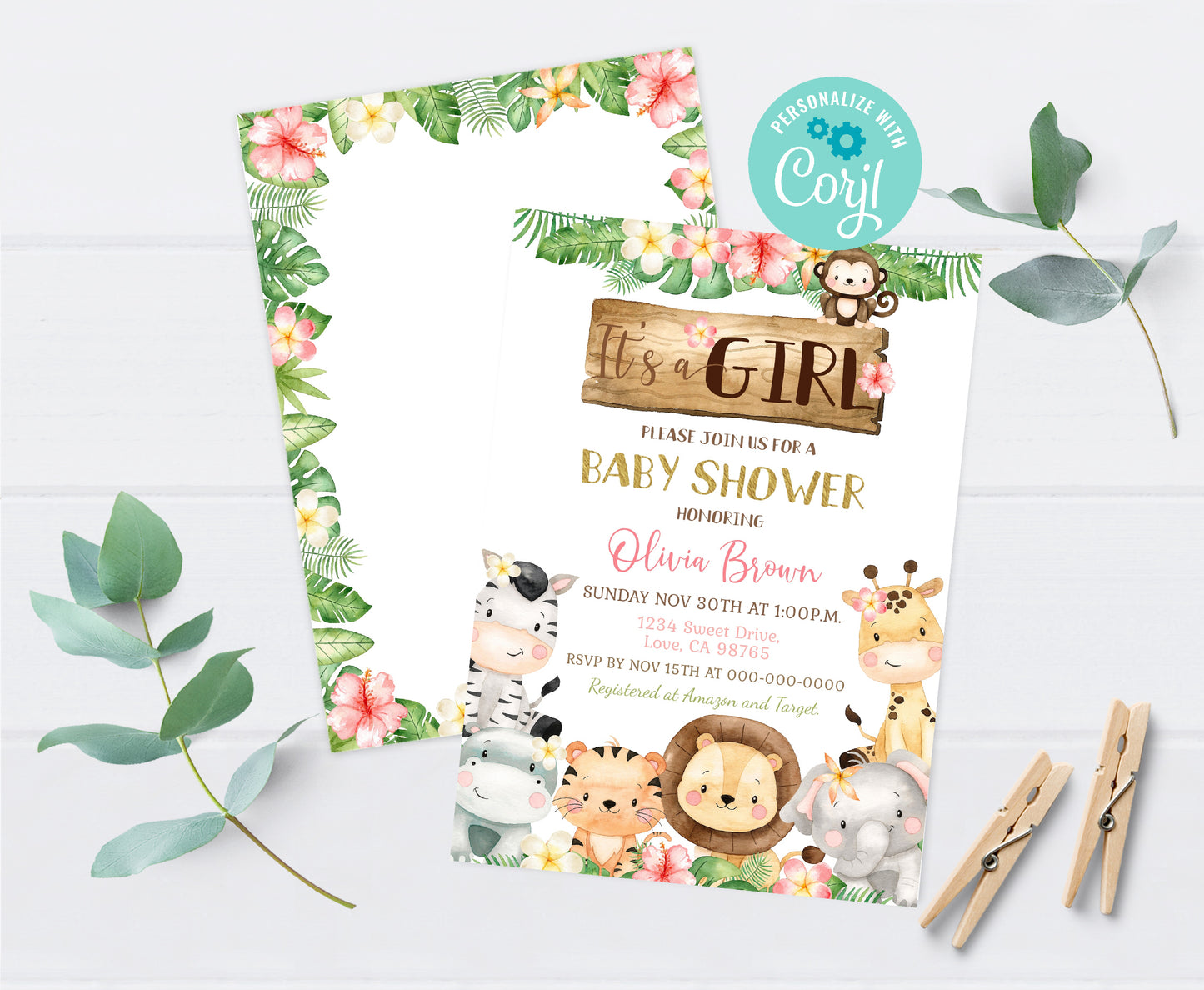 Floral Safari Baby Shower Invitation | Editable Jungle It's a Girl Baby Shower Invite - 35E