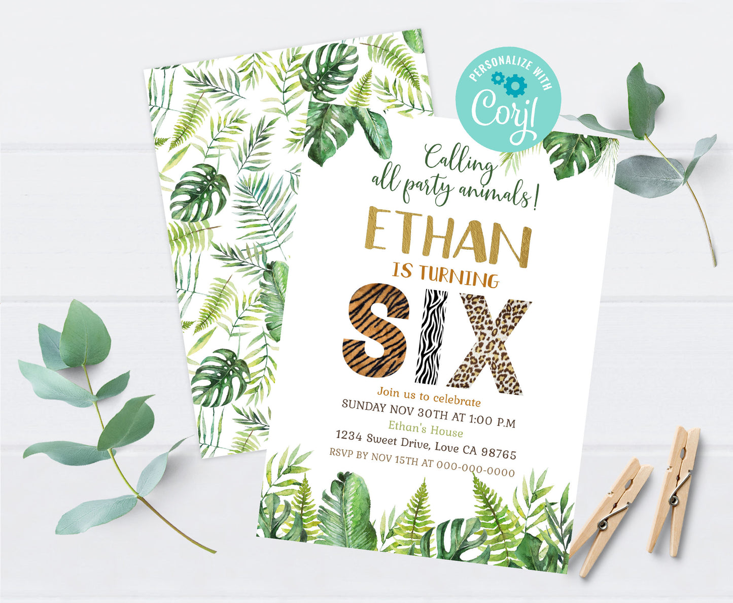 Six Birthday Invitation Animal Print | Safari 6th Birthday Invite - 35H