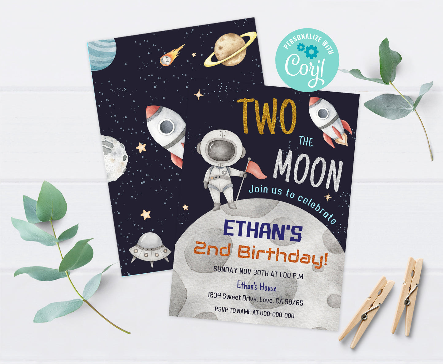 Two The Moon Party Invitation | Editable Space 2nd Birthday Invite - 39C