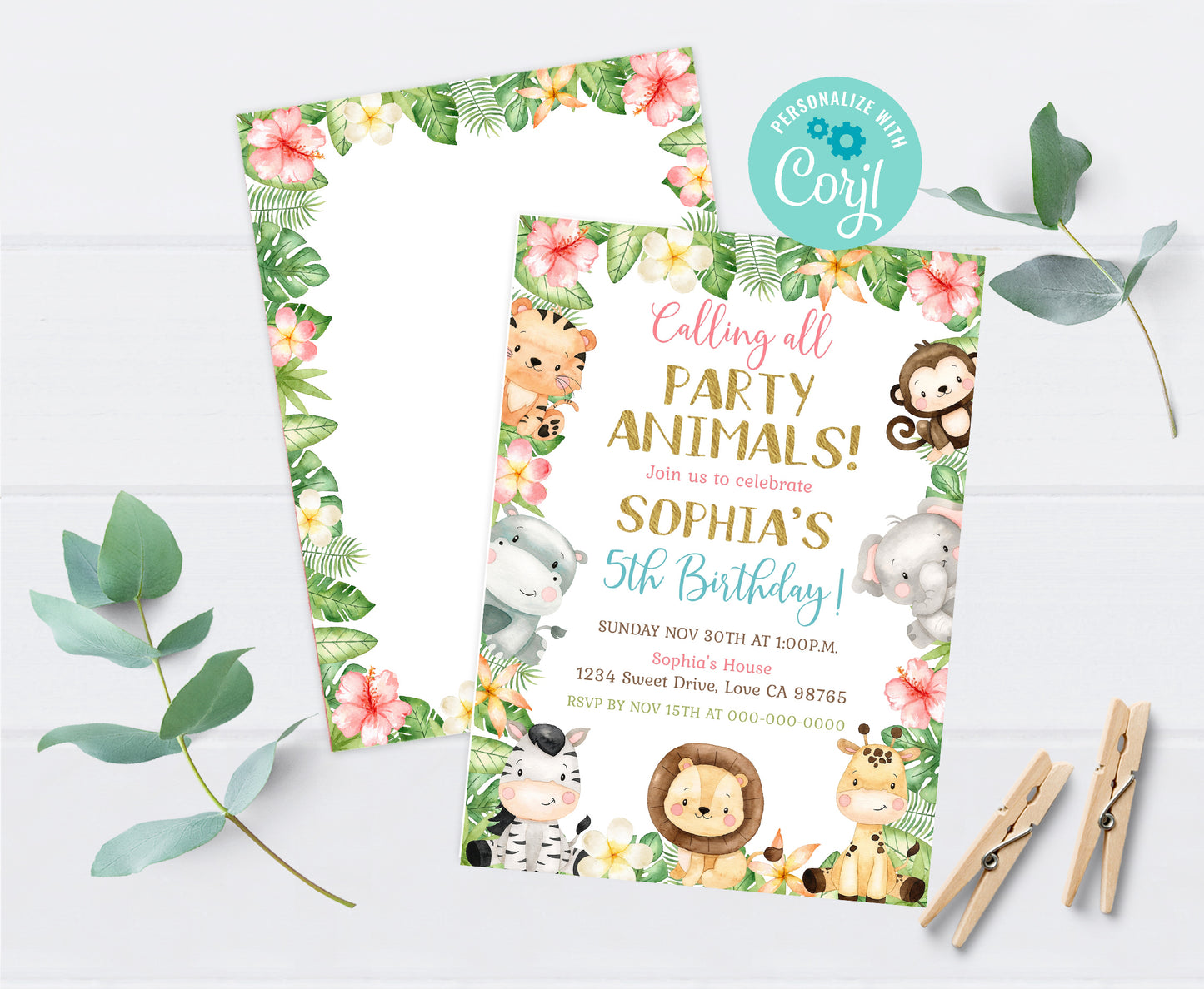 Calling all Party Animals, Girl Safari Party Animals Invitation | Editable Floral Jungle Birthday Invite - 35E