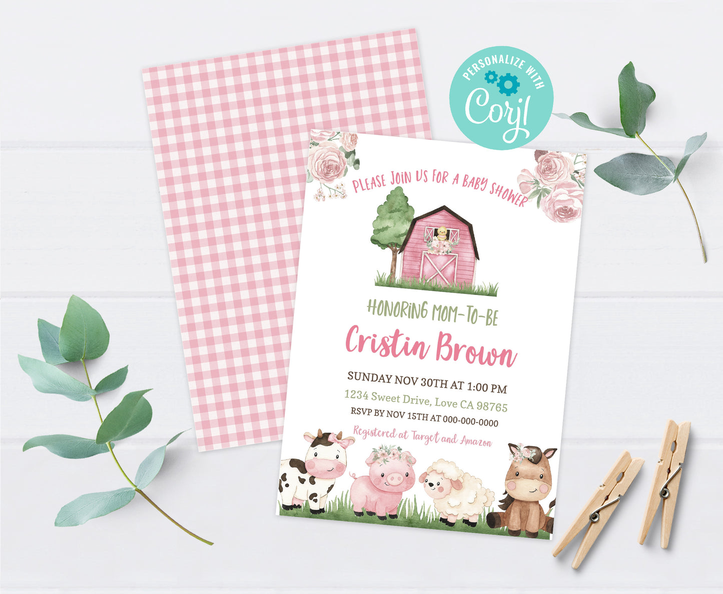 Floral Farm Baby Shower Invitation | Girl Barnyard Baby Shower Invite - 11A