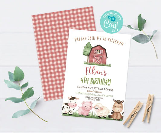 Farm Birthday Invitation Boy | Editable Barnyard Party Invite - 11A