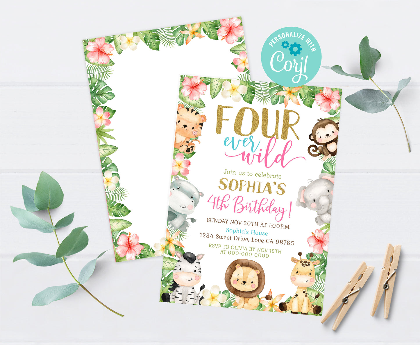 Four ever wild Birthday Invitation | Editable Girl Safari Party Invite - 35E