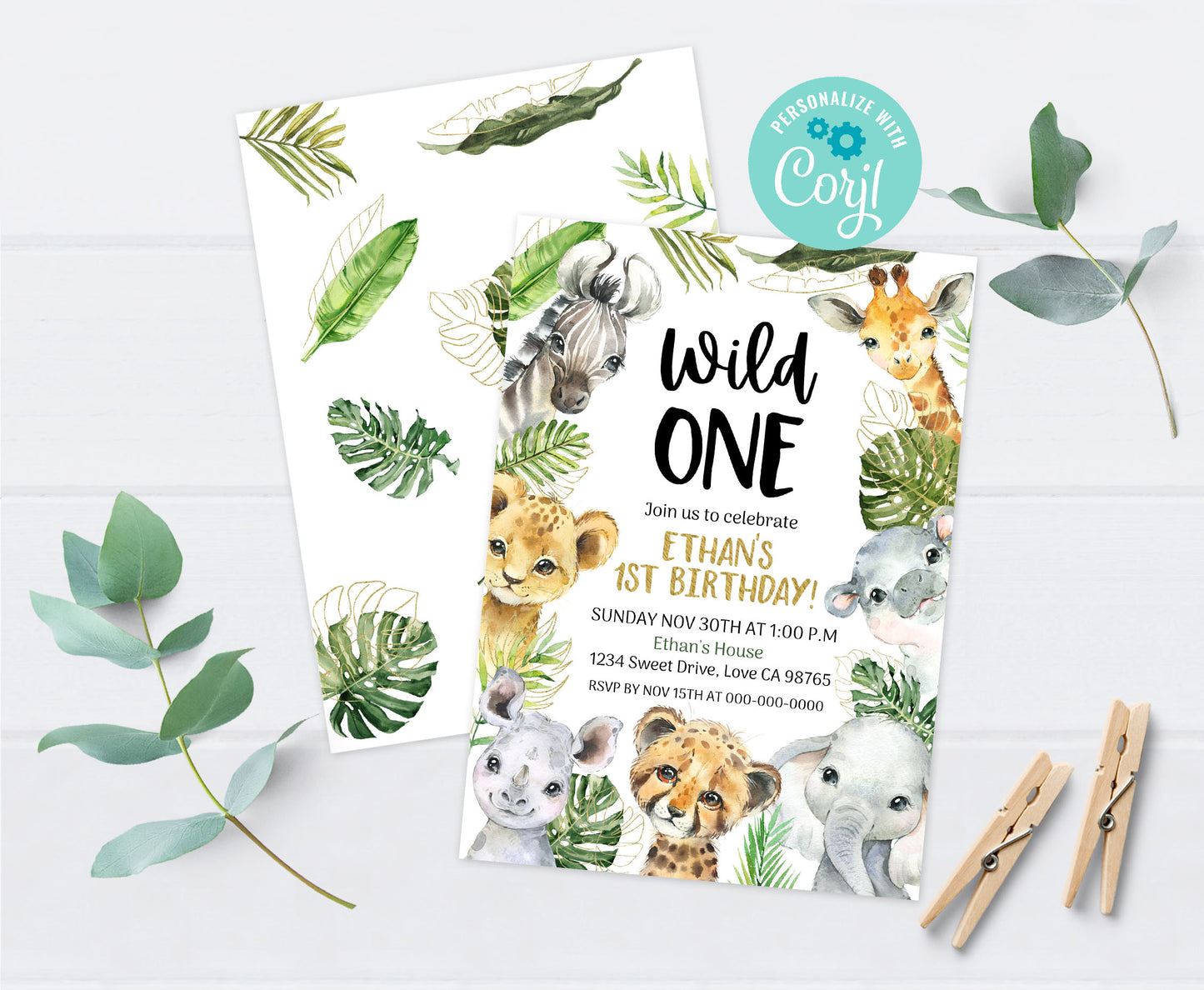 Safari Wild One Invitation | Editable Jungle Animals 1st Birthday Invite - 35A