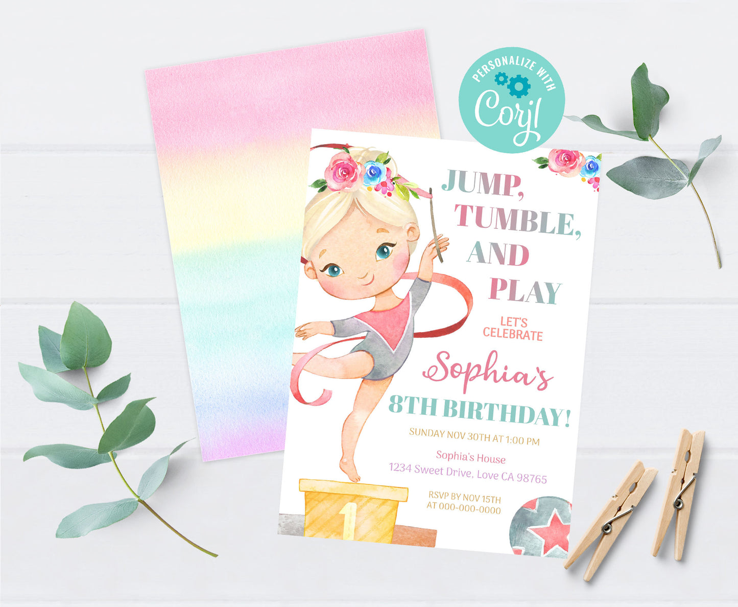 Floral Gymnastic Birthday Invitation Girl | Gymnastic Party Invite - 99A