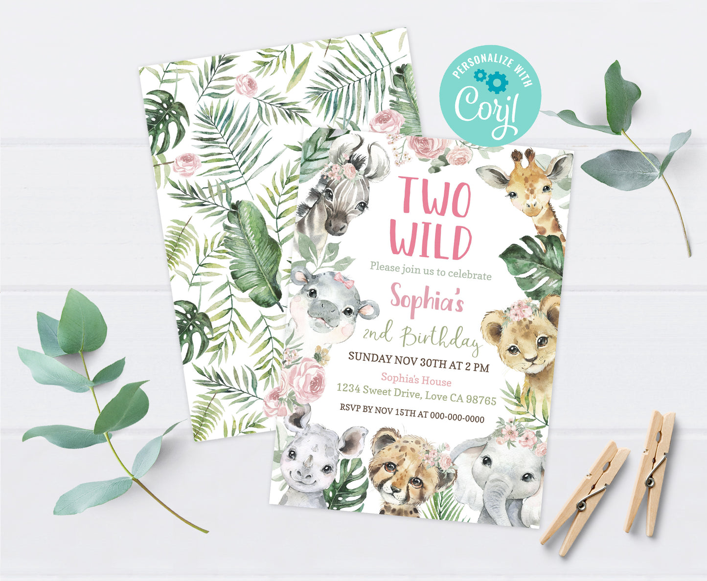 Two Wild Birthday Invitation Girl | Floral Safari 2nd Birthday Party Invite - 35A