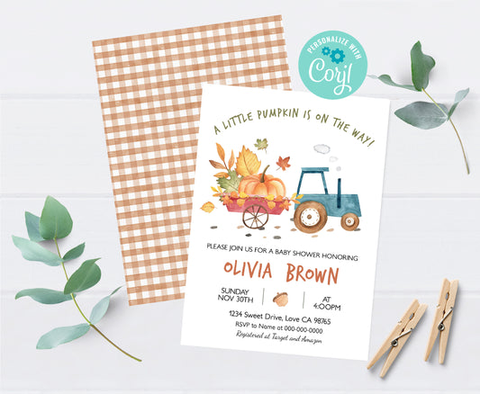 A little pumpkin is on the way Baby Shower Invitation | Editable Farm Baby Shower Invite - 30N