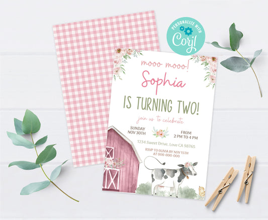 Floral Cow Birthday Invitation | Editable Girl Farm Birthday invite - 11B